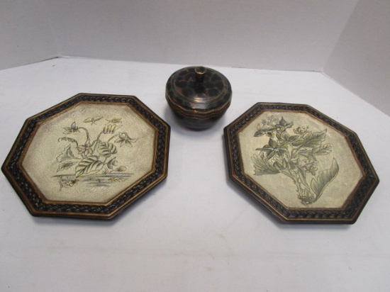 Two Decorative Plates and Lidded Bowl