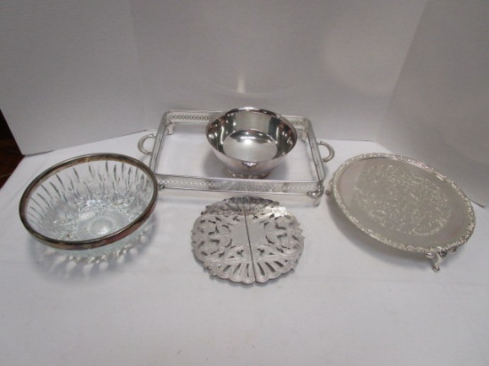 Silverplated Bowl, Serving Stands and Trivet