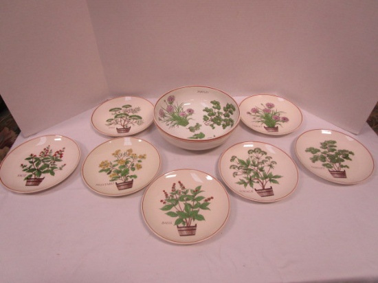 Serving Bowl and Seven Plates with Herbs Designs