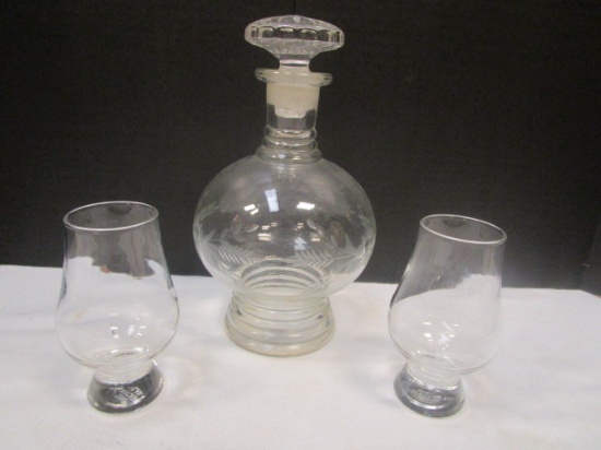 Clear Etched Glass Decanter and Pair of Cognac Glasses