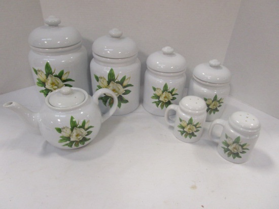 Ceramic Cannister Set, Tea Pot and Salt/Pepper Shakers with Magnolia Design