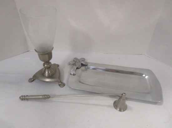 Pewter Candle Holder and Snuffer and Serving Tray