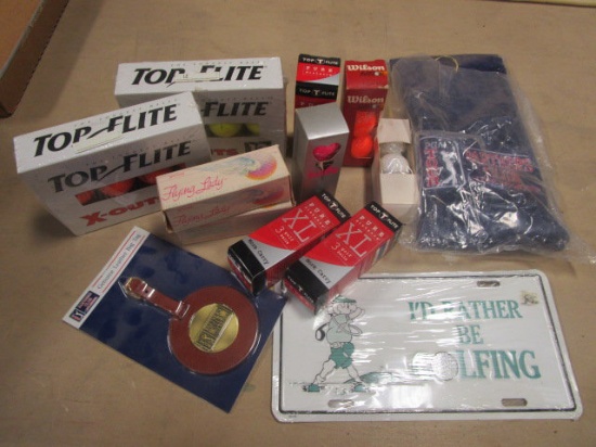 Milk Box of Golf Balls, Bag Tags, Towel, etc.