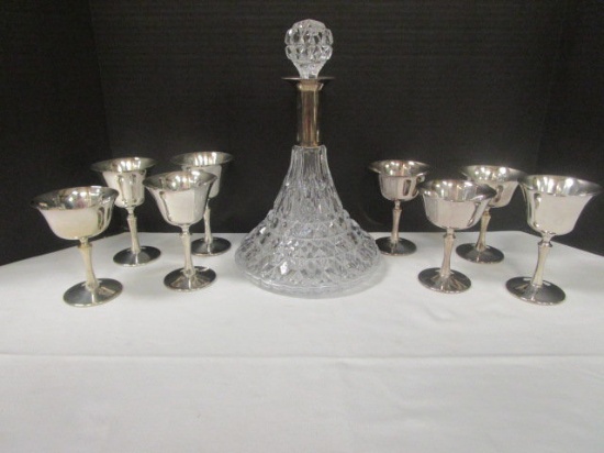 Heavy Glass Decanter with Silverplated Neck and deUberti Silverplated Stemware