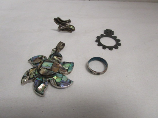 Two Sterling Silver Rings, Religious Marker and Sunburst Pendant