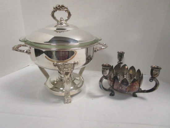 Silverplated Warming Dish and Leonard Flower Frog Triple Candle Holder