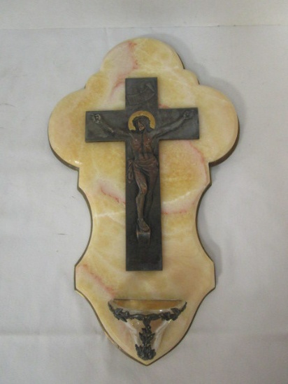 Signed Holy Water Font Stone and Brass Backplate