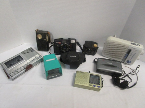 Retro Electronics and Cameras-Sony AM/FM Radio, Konica C35mm Camera, RCA Cassette,