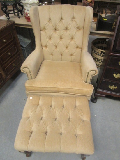 Hart Furniture Co. Tufted Velour Wing Back Chair and Ottoman