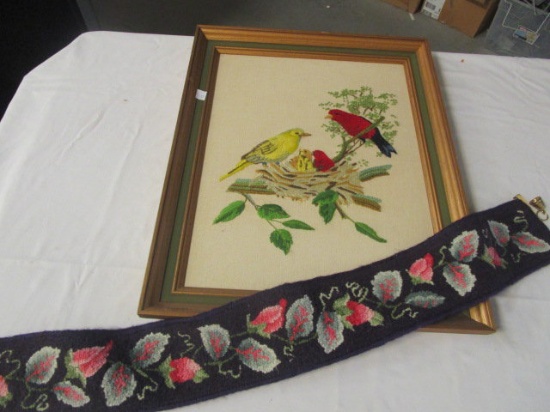 Needle Point Door Bell Pull and Framed Bird Needle Work