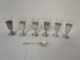 Six Cordials with Sterling Silver Holders and Small Spoon