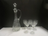 Clear Glass Etched Decanter and Five Sherry Glasses