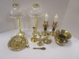 Brass Candle Sticks, Spittoon and Finial