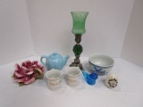 Ceramic Tea Pot, Cups, Flower, Candle Holder
