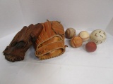 Two Vintage Leather Baseball Mitts and Balls