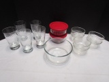 Clear Glass Pyrex and Anchor Hocking Storage Bowls and Five Libbey Tumblers