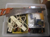 Tote of Hand Tools, Saws and Paint Supplies