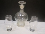 Clear Etched Glass Decanter and Pair of Cognac Glasses