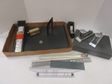 Office Lot- Staplers, Tape Dispenser, Metal Lock Box, Date Dial, Rulers, etc.
