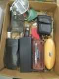 Men's Lot-Travel Clock Foreign Coins, Letter Openers, Pens, Pipe Case, etc.