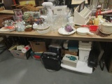 Table Lot-Glassware, Christmas Decorations, HP Hard Drive, Paper Shredder, Radios, etc.