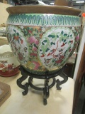 Large Oriental Fish Bowl with Wood Stand