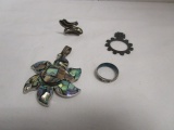 Two Sterling Silver Rings, Religious Marker and Sunburst Pendant