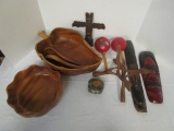 Wood Lot-Bowl with Salad Server, Monkey Pod Bowl, Tribal Masks, Stand, etc.