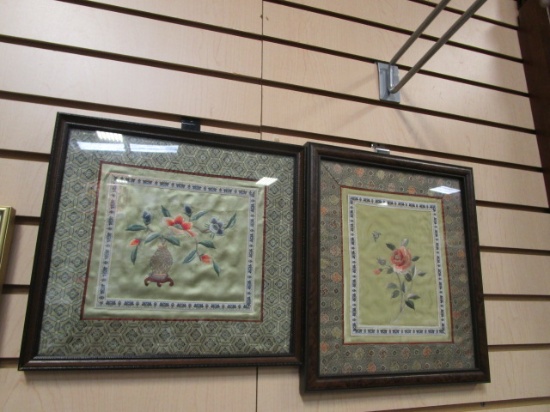 Pair of Framed Oriental Fabric Pieces