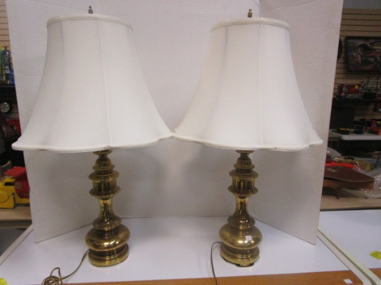 Pair of Heavy Brass Lamps with Shades