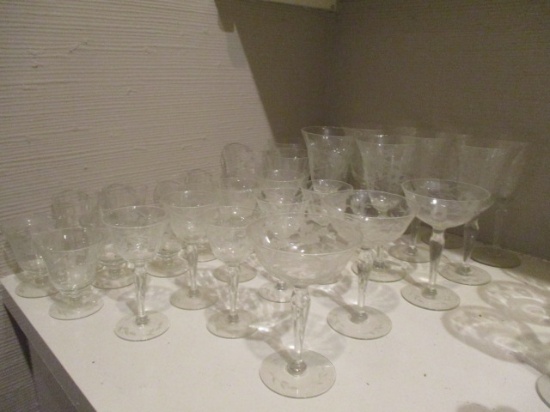 34 Pieces of Etched Chrystal Stemware