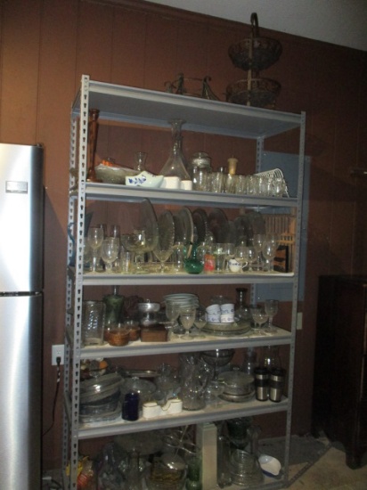 Contents of Metal Shelf-Glass Ware, Plates, Pitchers, Vases, Drain Boards, etc.
