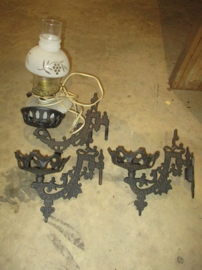 Cast Iron Electric Wall Sconce and Pair of Cast Sconce Holders