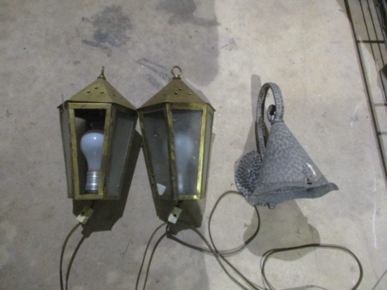 Pair of Electric Brass Lanterns and Metal Wall Sconce