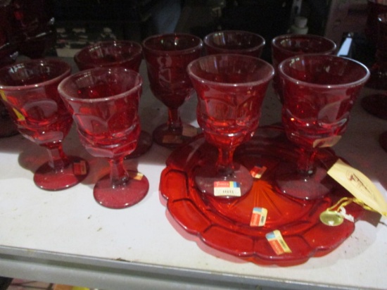 8 Ruby Red Fostoria Argus Wine Glasses and Plate