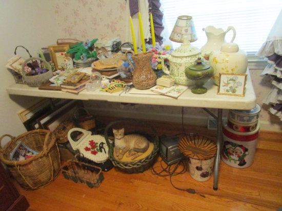 Table Lot - Purses, Pictures, Card Boxes, Angels, etc.