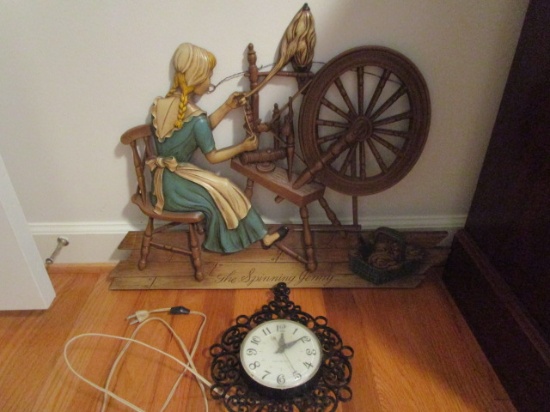 Black General Electric Clock and The Spinning Jenny Wall Hanging