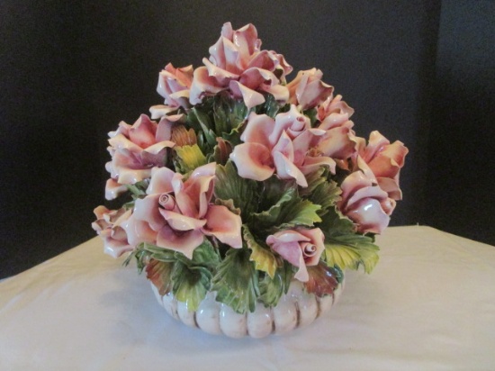 Capodimonte Ceramic Rose and Greenery Centerpiece