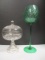 Clear Glass Pedestal Dish with Lid, Tall Green Stem Vase