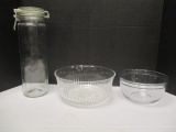 Clear Glass Anchor Hocking and Rein France Bowls, Tall Glass Canister