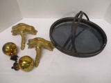 Wooden Tray with Glass Bottom and Handle, Brass Bed Finials, Wall Sconce Shelves