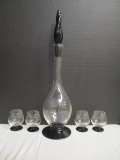 Black and Clear Glass Decanter with Stopper and Four Cordials