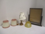 Vintage Swivel Table Top Mirror, Three Glass Shades, Small Candle Lamp with Paper Shade