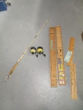 Vintage Fishing Rod and Wooden Case with Tackle, Two Zebco 888 Reels