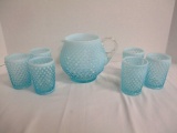 Blue and White Hobnail Juice Pitcher and Six Juice Glasses