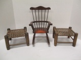 Doll Sized Wooden Rocker and Two Woven Wood Stools