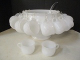Milk Glass Punch Bowl with Ladle and Fourteen Cups