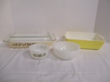 Two Pyrex Casserole Dishes, Two Small Fire King Bowls