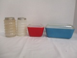 Two Pyrex Refrigerator Dishes with Lids, Sellers Salt and Pepper Shakers