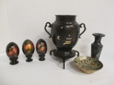 Oriental Urn, Brass Dish, Decorative Eggs, Small Vase, etc.